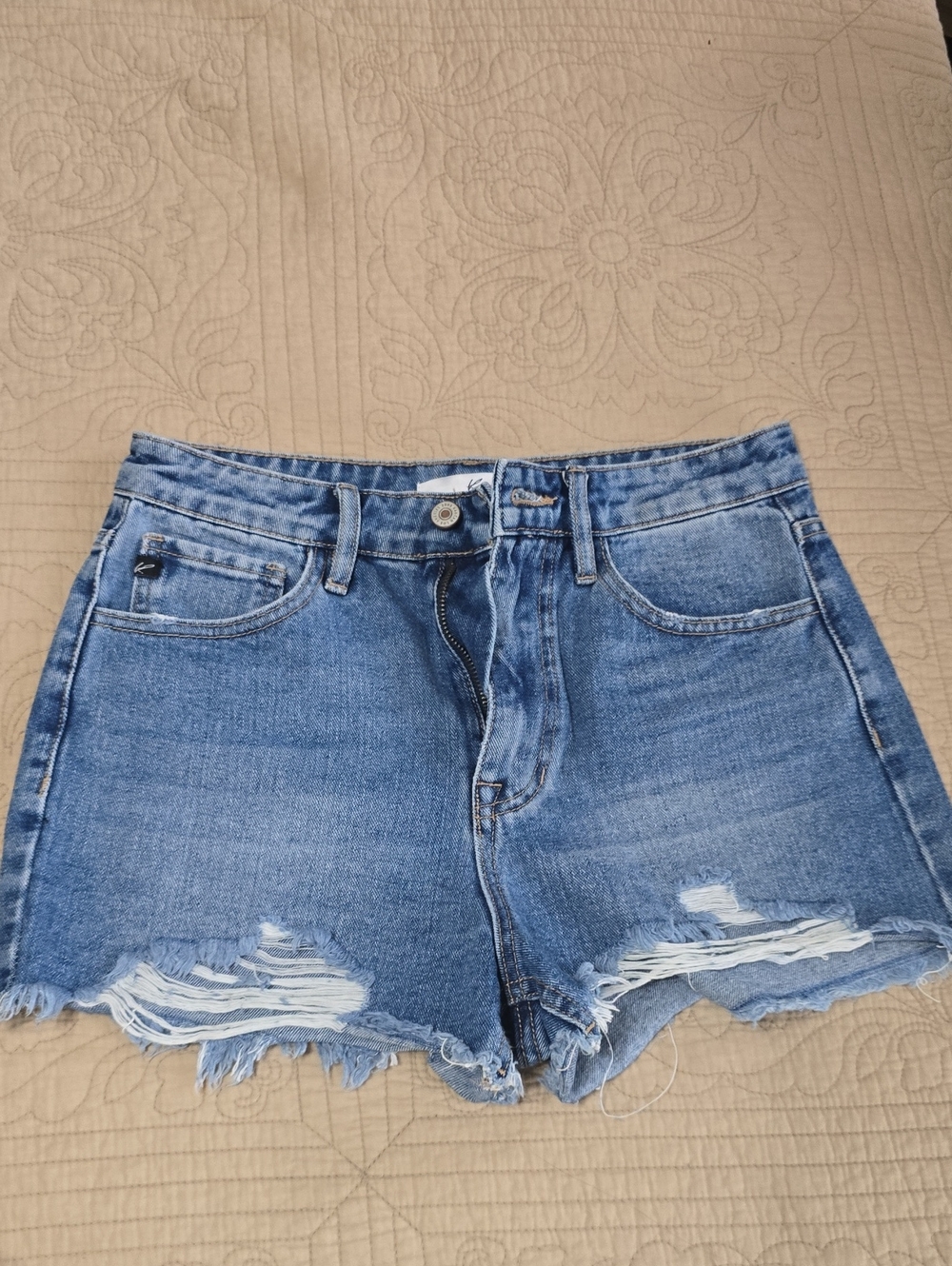 KanCan Light Blue High-Rise Distressed Shortie Jean Shorts
